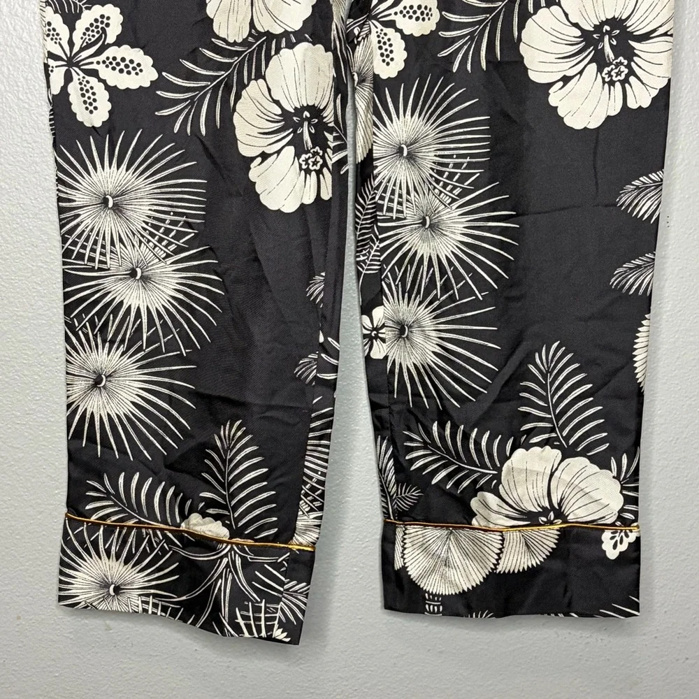 J Crew 100% Silk Trouser‎ Pants Women 6 Black Floral Crop Gold Piping Tropical